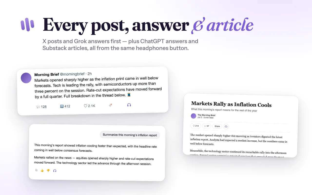 Echo's headphones button on an X post, a ChatGPT answer, and a Substack article
